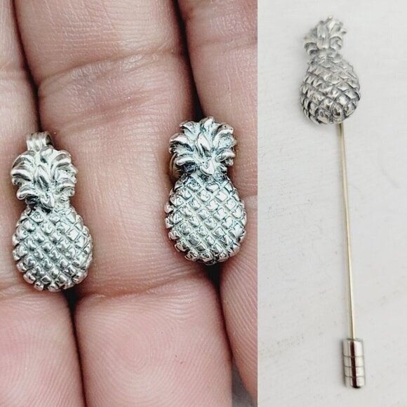 Vintage Pineapple Sterling Silver Earrings & Stick Pin Set Clip On 9.45 grams - Picture 1 of 8